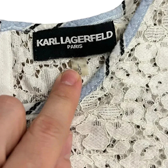 Karl Lagerfeld Blue Striped Lace Top Blouse L - Picture 4 of 4